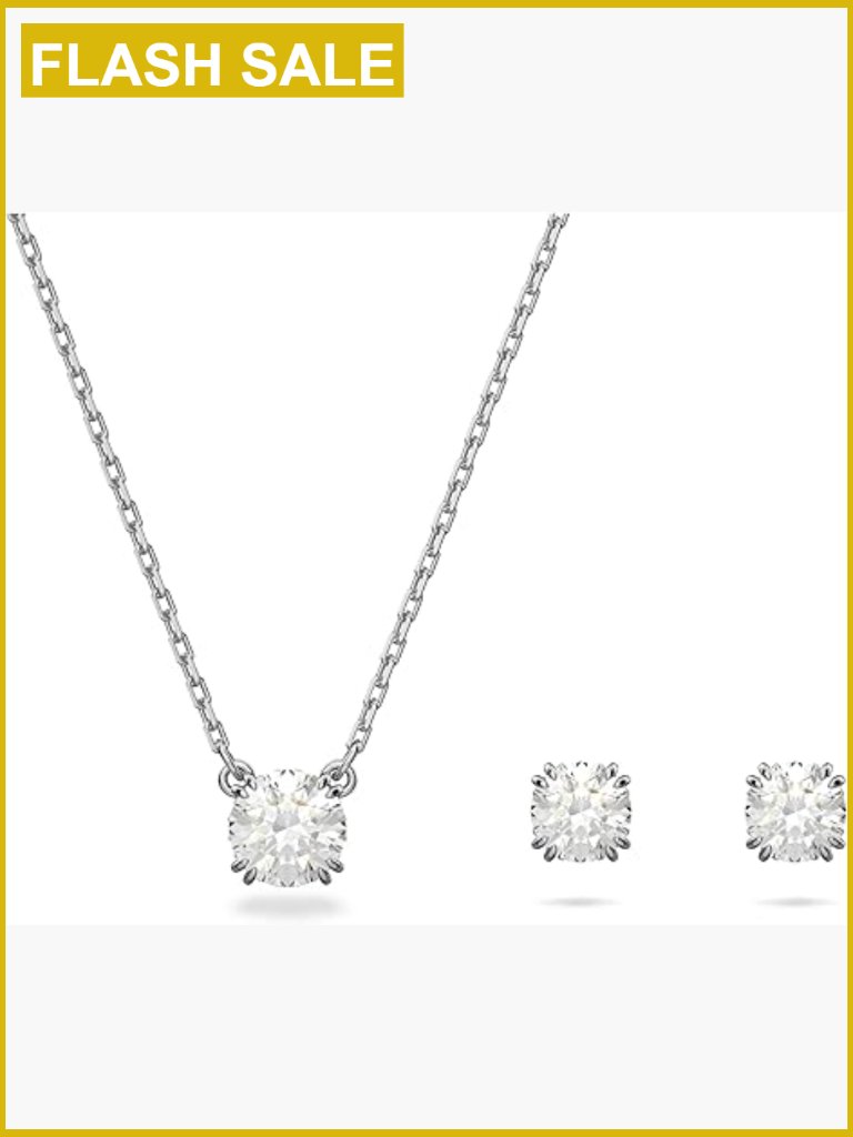 Rhodium Finish Jewelry Set With Clear Crystals, Necklace And Earrings